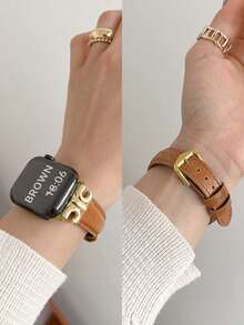 Fashion Designer Gold Metal Decor Soft Leather Brown Leather Watch Band Compatible With Apple Watch Ultra 3 2 1 SE/S10/S9/S8/S7/S6/S5/S4/S3/S2/S1 Series, & Stylish For Young Women, 38mm 40mm 41mm 42mm 44mm 45mm 49mm 46mm Smartwatch Strap, Global Hot Selling New Product, Unisex