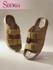 SDEMIN Flat-Bottomed Cork Slippers With Buttons, Summer Men's And Women's Beach One-Line Double-Row Buttons, Fashionable And Versatile Outdoor Casual Sandals - Brown - View 6