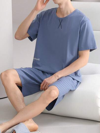 AICJ 2 قطعة / مجموعة بدلة نوم رجالية بتصميم بسيط سهل ذات جيوب ياقة مستديرة وأكمام قصيرة ذات نمط منقوش، مناسبة للربيع والصيف