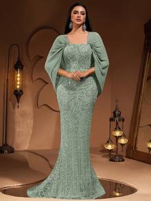 新款时尚高端优雅奢华亮片蕾丝拼接雪纺披肩袖女士美人鱼尾长裙，正式晚礼服，适合宴会、派对、红毯、婚礼宾客、新娘、情人节等场合。 - 薄荷綠 - 查看 5