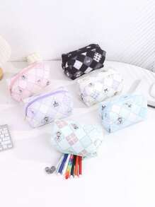 1 Pc Delicate Square Plaid Pencil Case, Creative And Cute Bear, Bow, Business Card Pattern, Fashionable And Portable Large-Capacity Storage Bag, Desktop Item Storage, Suitable For Storing School Supplies, Carry-On Items, Back-To-School Necessities, Suitable For Special Gifts For Classmates,Pencil Pouch,School Bag
