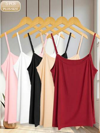 Set de 5 camisetas de tirantes ajustables de talla grande y unicolor para mujer