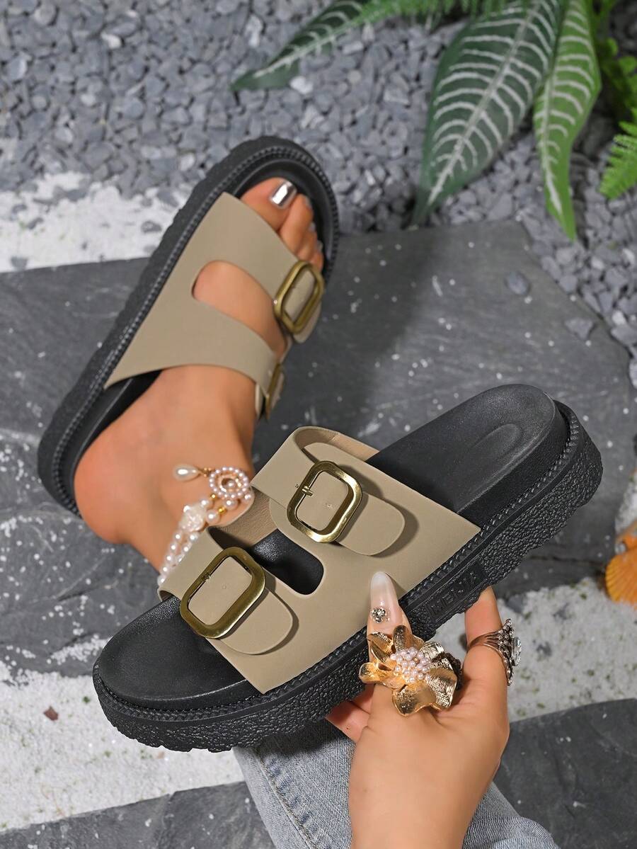 女士夏季新款时尚双扣百搭凉鞋，朋克荒原风格粗皮带扣凉鞋，卡其色厚底拖鞋，透气防滑休闲沙滩拖鞋，露趾中跟沙滩软底鞋，罗马凉鞋