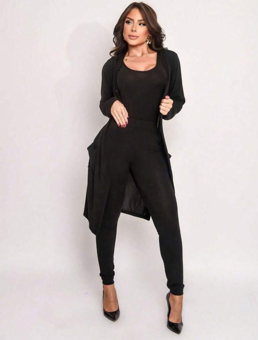 Woolen Cold Weather Set - 3 Piece Set Long Cardigan + Tank Top + Jogger Pants With Adjustable Waistband And Pockets - màu đen - Xem 1