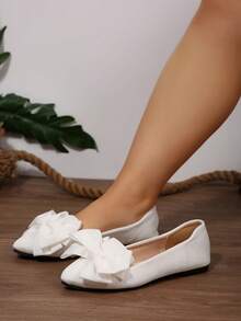 跨境大码36-43春秋时尚百搭白色蝴蝶结尖头平底乐福鞋宽版休闲/工作舒适轻便一脚蹬船鞋女 - 白色 - 查看 2