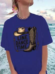 Cowboy Rope LINE DANCE TIME Pure Cotton Women's Fashion T-Shirt - 藍色 - 查看 1