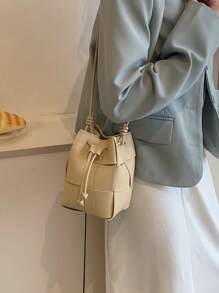 Mini Casual Woven Crossbody Shoulder Bag, Drawstring Bucket Bag, Plain Color PU