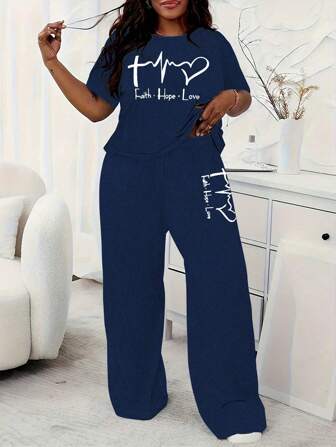 2pcs Plus Size Women Summer Casual Pajama Set , Short Sleeve Tops And Long Pants Home Clothes, Outfits