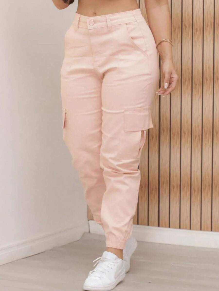 Women's Cargo Jeans Jogger High Waist Butt Lifting Premium With Lycra Side Pockets - màu hồng nhạt - Xem 1