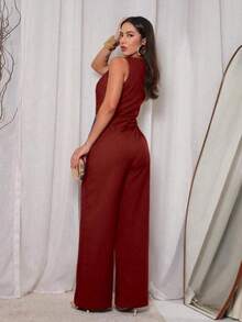 Long Wrap Jumpsuit With V-Neckline - Burnt Red - View 3