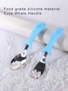 1 pieza Tenedor y cuchara de acero inoxidable para bebé con mango de silicona con forma de delfín, masticable y juguete, ayuda al bebé a disfrutar de la hora de las comidas - Azul - Ver 7
