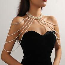 1pc Elegant Sexy Women's Fashion Runway Multi-Layer White Faux Pearl Tassel Necklace, Shoulder Chain, Body Chain, Dress Accessory - White - View 14