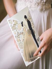 10 قطعة دعوة زفاف من الأبيض المحفور عليها العروس والعريس مع أكياس مزينة بأزهار فضية، دعوة زفاف أنيقة مع مظاريف