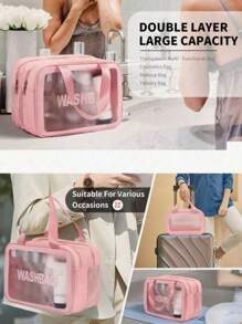 1/3pcs Double Layer PVC Toiletry Bag, Multi-Compartment Travel Storage Pouch, Large Capacity Makeup Bag, Minimalist Hand Carry Cosmetic Organizer Suitable For Bathroom, Beach, School, Holiday, Mother's Day, Teacher Gift