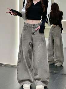 Water-Washed Splatter Design Women's Jeans, Loose Relaxed Fit Flared Wide Leg Drop Cuff Pants, Random Splatter