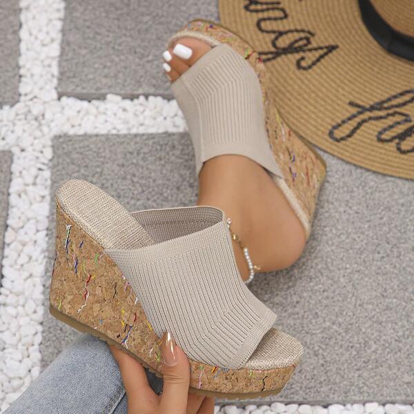 Fashionable Colorful Cork Texture Slip-On Platform 10.5CM Wedge Heeled Slide Sandals