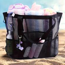 Bolsa de malla para la playa para mujeres, bolsas de playa impermeables con bolsillo para la familia - Negro - Ver 2