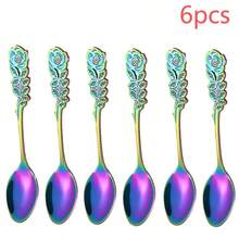 6pcs Elegant Rose Handle Coffee Spoons, High Quality Stainless Steel Tea Spoons, Charming Flower Shape Ice Cream Scoops, Adorable Spoons For Home, Cafe, Restaurant Back To School - Multicolor - View 10