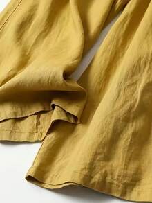 女士纯色休闲前袋装饰阔腿裤 春季 - 黃色 - 查看 4