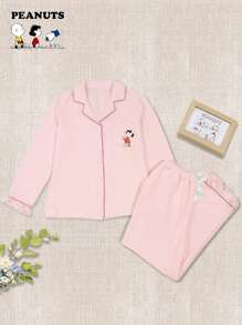 SNOOPY Authorized PEANUTS Snoopy Print Lapel Long Sleeved Top & Long Pants Pajamas, Spring & Autumn Ladies' Home Clothes, Lounge Outfit
