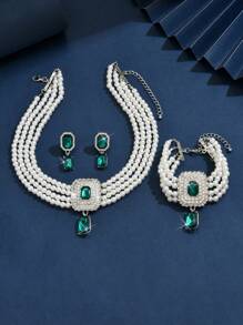 3 PiecesFaux Pearl Happiness Flower Wedding Necklace Earrings Jewelry Set Suitable For Dinner Party Brides Wedding Accessories