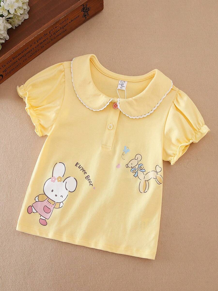 Young Girl' Casual Peter Pan Collar Short Sleeve T-Shirt, Summer - Yellow - View 1