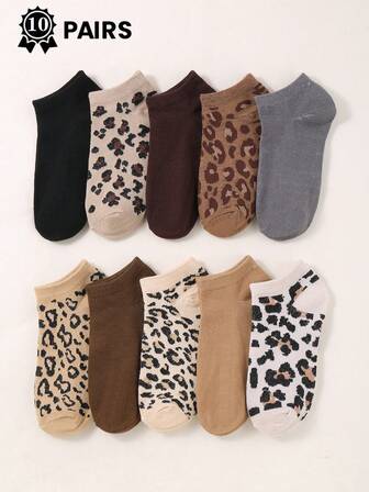 10 pares de calcetines de mujer con estampado de leopardo y guepardo, simples, casuales y cómodos, ligeros y de moda, calcetines tipo barco, adecuados para todas las estaciones, vuelta al colegio, correr, deportes, senderismo, zapatillas, cómodos, transpirables, regalo de Halloween, Navidad y Año Nuevo