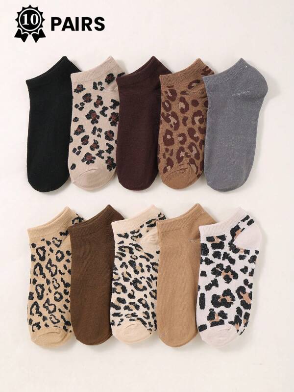 10 pares de calcetines de mujer con estampado de leopardo, simples, casuales y cómodos, calcetines cortos y ligeros de moda, calcetines tipo barco, aptos para todas las estaciones