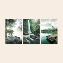 3 幅现代油画山峰、湖泊、河流和船只的风景，简约蓝绿色风格海报，适用于家庭客厅卧室浴室墙壁艺术装饰画（可选画框）