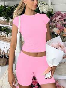 2pcs/Set Casual Solid Color Short Sleeve T-Shirt And Shorts, Spring And Summer Workout Crop Tops - 粉色 - 查看 4