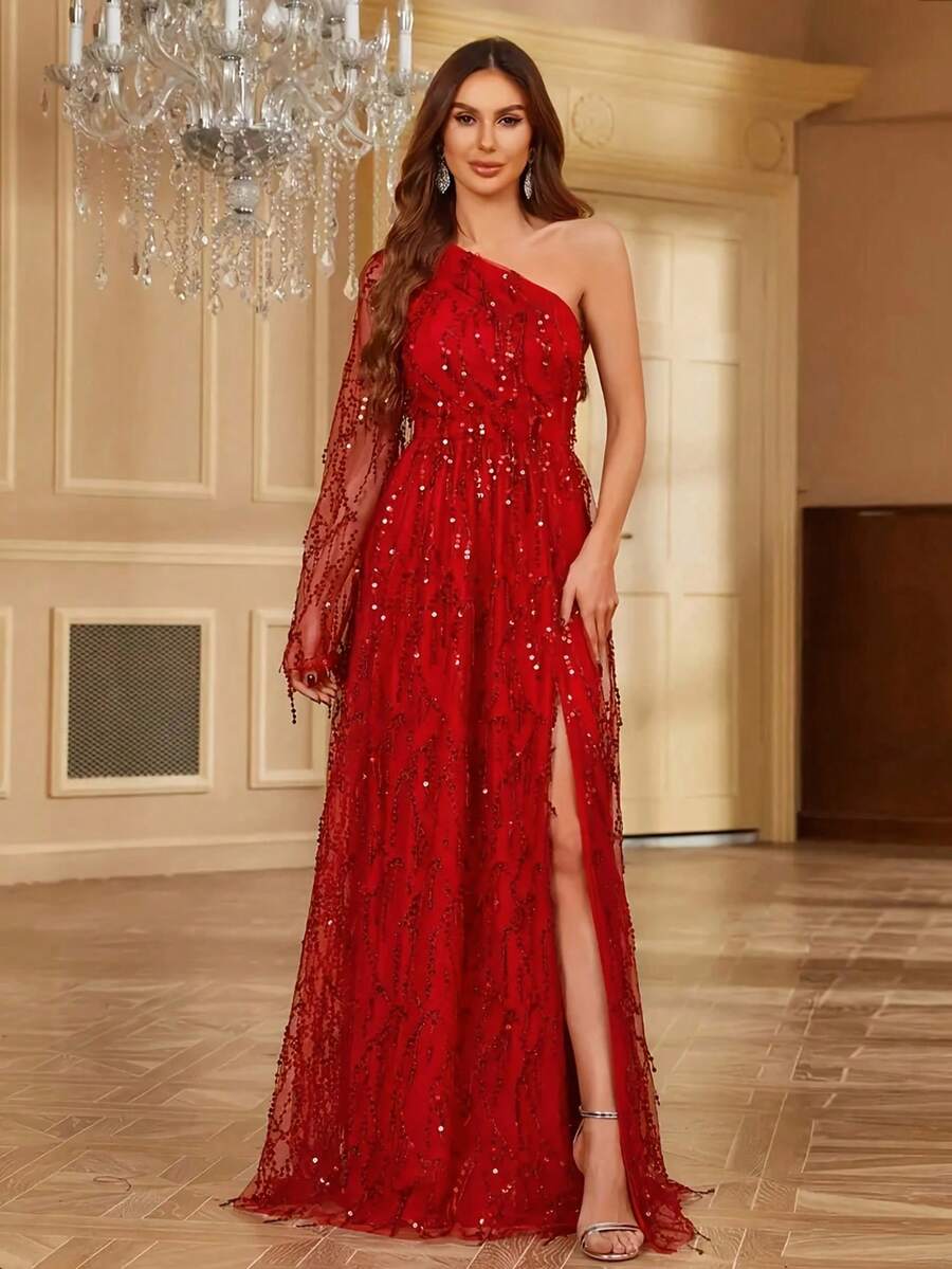 Women's Lantern Sleeve Sequin Side Slit Hem Luxurious Party Dress, Suitable For Party Occasions