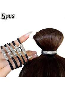 Luxury Rhinestone Ponytail Holders: Set Of 5 Elegant Black Elastic Hair Ropes Decorated With Brilliant Crystal Accents, Providing A Strong And Gentle Hold For All Hair Types, Adds A Touch Of Sparkle And Refinement To Ponytails, Top Knots, Half-Up Styles, And Braids, Perfect For Adding A Touch Of Glamour To Everyday Looks, Dressing Up For Special Events, Dance Recitals, Cheerleading, And More, Durable And Stretchy Elastic Ensures Long-Lasting Use Without Snagging Or Breaking Hair, Makes A Stylish And Practical Gift For Women And Girls Who Appreciate Fashionable And Functional Hair Accessories, Elevate Your Hairstyles Effortlessly With These Exquisite And Secure Rhinestone Ponytail Holders, Adding A Touch Of Dazzling Charm To Any Occasion.