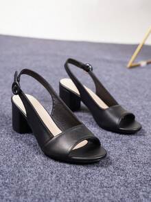 女式露趾粗跟踝带凉鞋，休闲百搭黑色皮革高跟凉鞋，舒适适合度假、旅行、通勤、夏季新品 - 黑色 - 查看 6