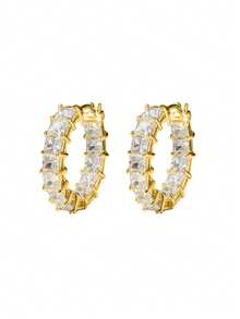 2件套奢华闪亮立方氧化锆耳环，珠宝礼盒套装，适合女性婚礼、订婚、情人节佩戴 - 金色 - 查看 5