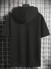 Men's Black Casual Short Sleeve Hoodie, With White Zipper And Drawstring Design, Suitable For Sporty Men's Daily Wear, Fashionable Leisure Tops, Fit For Play And Exercise