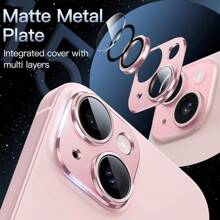 Protector de lente de cámara compatible con iPhone 15 6.1 pulgadas e iPhone 15 Plus 6.7 pulgadas, iPhone 13 con cobertura total de anillo de vidrio templado 9H, placa de metal con acabado mate, accesorio de teléfono móvil para fundas de teléfono, 1 paquete (rosa), regalo para cumpleaños, familia, amigos, aleación metálica con vidrio templado de cobertura completa, protector de lente