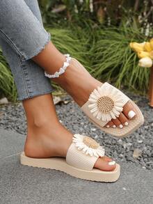 女士 2025 新款休闲舒适时尚百搭性感露趾向日葵绳方头凉鞋，适合度假、海滩、游泳池，防滑、耐用平底拖鞋 - 白色 - 查看 5