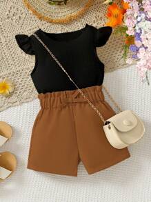 Baby Girls Elegant Sweet Newborn Cute Round Neck Sleeveless T-Shirt + Shorts Summer Casual 2-Piece Outfit, Multiple Colors For 0-3 Years Old Babies To Look Adorable All Summer