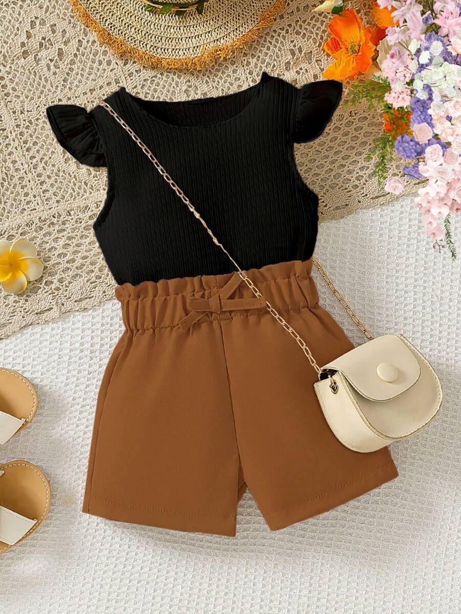 Baby Girls Elegant Sweet Newborn Cute Round Neck Sleeveless T-Shirt + Shorts Summer Casual 2-Piece Outfit, Multiple Colors For 0-3 Years Old Babies To Look Adorable All Summer