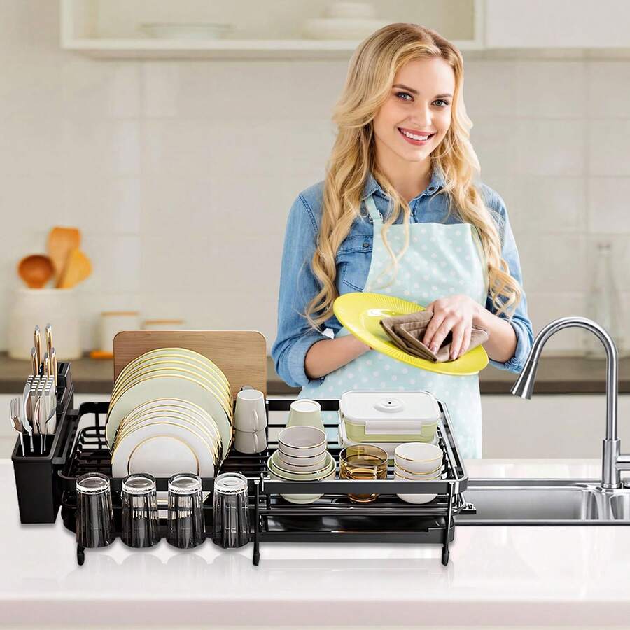 Escurridor de platos de acero inoxidable, escurridor de platos expandible con sistema de drenaje automático, estantes de fregadero de cocina para vasos que sostienen utensilios y tablas de cortar - 1 - Ver 1