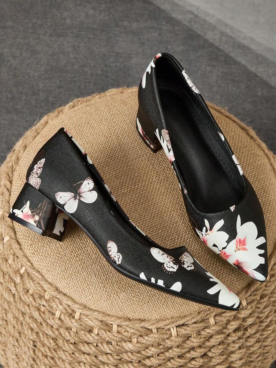 Sapatos femininos de bico e salto baixo, adequados para férias, viagens, compras, atividades ao ar livre, casuais, retrô e sensuais, com estampa floral preta, versáteis e de alta qualidade - Preto - Ver 1