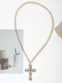 1pc Unisex Fashion Wing & Sword Feather Cross Diamond Faux Pearl Decor Punk Chain Pendant Necklace, Suitable For Party, Outdoor, Streetwear Matching - Multicolor - View 14