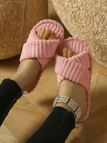 Women's Criss-Cross Open Toe Slippers, Comfortable & Fashionable Fluffy Indoor Slippers With EVA Sole And Coral Fleece Material, Suitable For Parties, Home, And Vacation, All Seasons