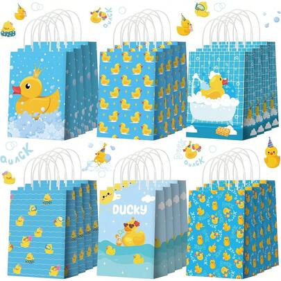 12/18/24 piezas Bolsas de papel con asa con patos amarillos, bolsas para regalos con patos de goma, snacks, suministros para fiesta de cumpleaños de natación con patos azules