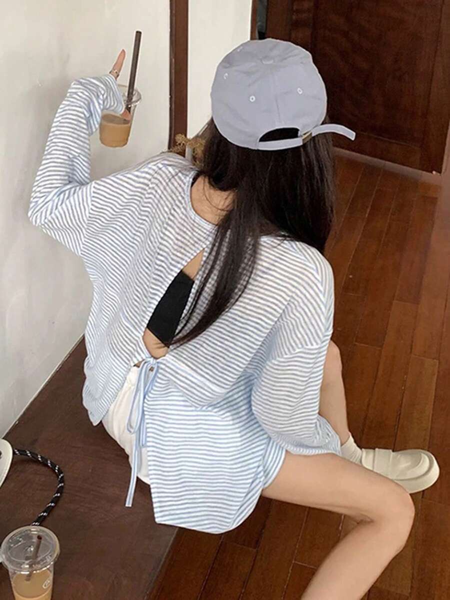 露背系带蓝条纹长袖休闲宽松薄款夏季上衣 - 藍色 - 查看 1