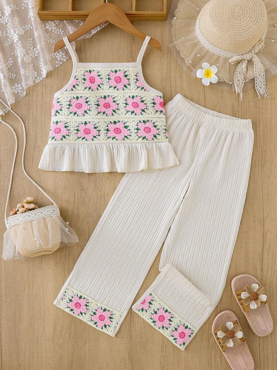 Girls Bubble Chiffon Patchwork Vintage Embroidered Trim Camisole Top & Bubble Chiffon Patchwork Vintage Embroidered Trim Pants - Apricot - View 1