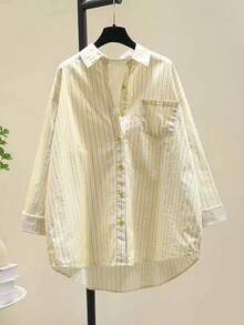 Women's Blue Striped Shirt With Design, Casual Loose Fitting Artistic Style Spring New Arrivals - Yellow - View 2