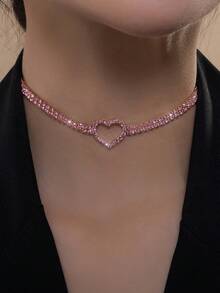 1pc Rhinestone Decor Heart Choker Necklace - Y2k Style Party Women Girls Daily Wear Jewelry Gift - Pink - View 8