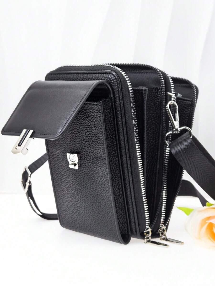 MINGYOU 女士PU皮革斜挎包，时尚年轻，多拉链设计，多功能大容量手机钱包 - 黑色 - 查看 1