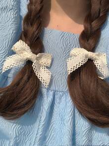 2 chiếc kẹp tóc nơ ren xanh dương, kẹp tóc càng cua cho bé gái, đồ dùng học tập, thanh lịch, phù hợp cho sinh viên, trang phục mùa đông cho nữ, nơ, dễ thương, sang trọng, phụ kiện tóc, phụ kiện đội đầu - Màu be - Xem 2